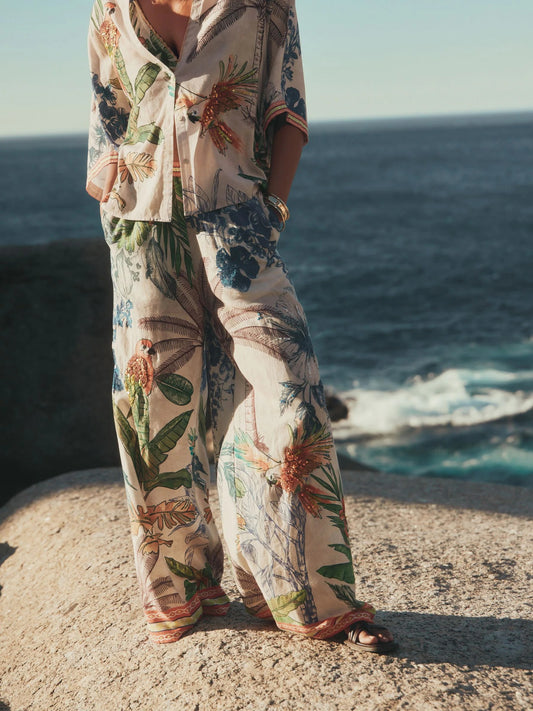 Cream/Navy Embellished Wide Leg Trousers