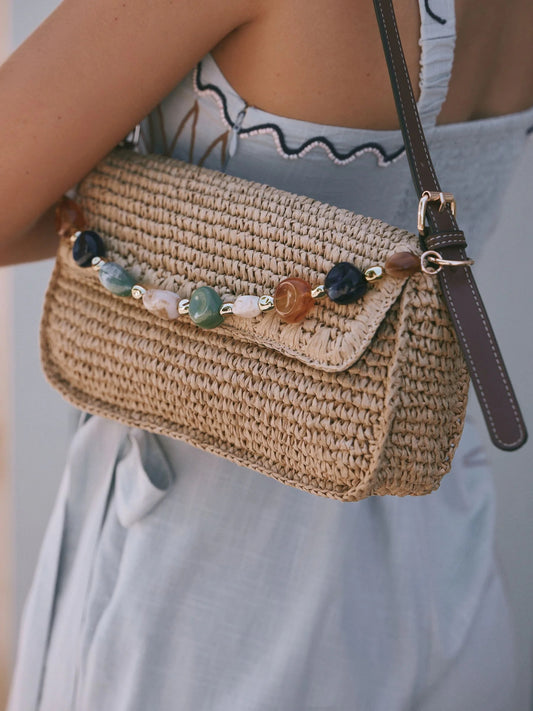 Natural Raffia Effect Beaded Shoulder Bag