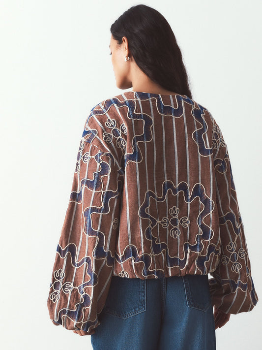 Chocolate Brown/Blue Cornelli Embroidered Bomber Jacket