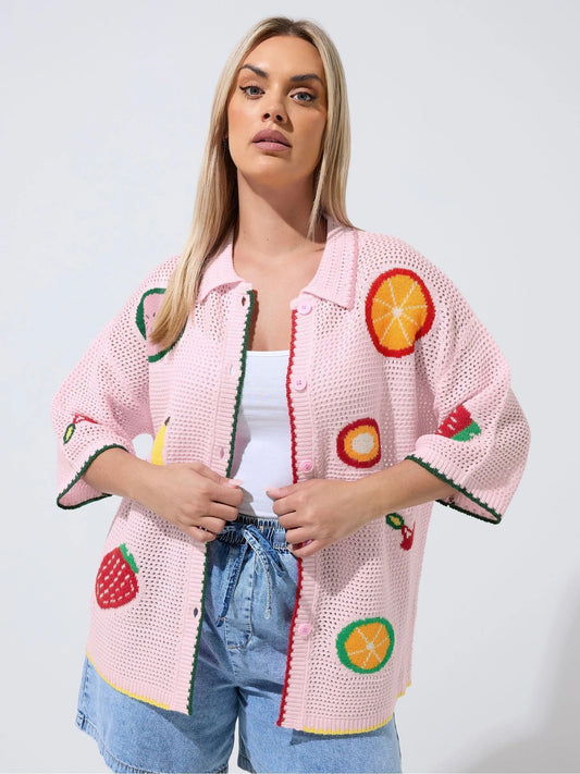 Yours Curve Pink Limited Fruit Crochet Shirt