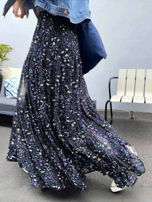 Burgundy navy Blue Ditsy Floral A-Line Skirt, High Waist Casual Loose Flared Skirt