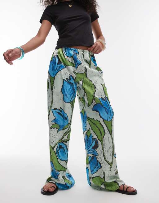 Topshop green and blue floral pull on satin wide leg trouser in green