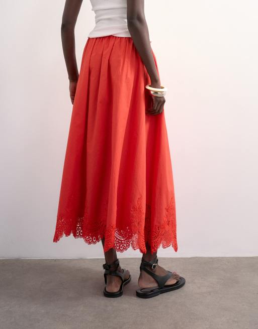 Topshop lace hem full circle maxi skirt in red