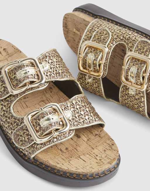 River Island Double strap footbed sandals in gold
