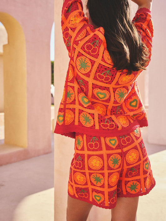 Red/Orange Fruit Crochet Short Sleeve Collared Shirt