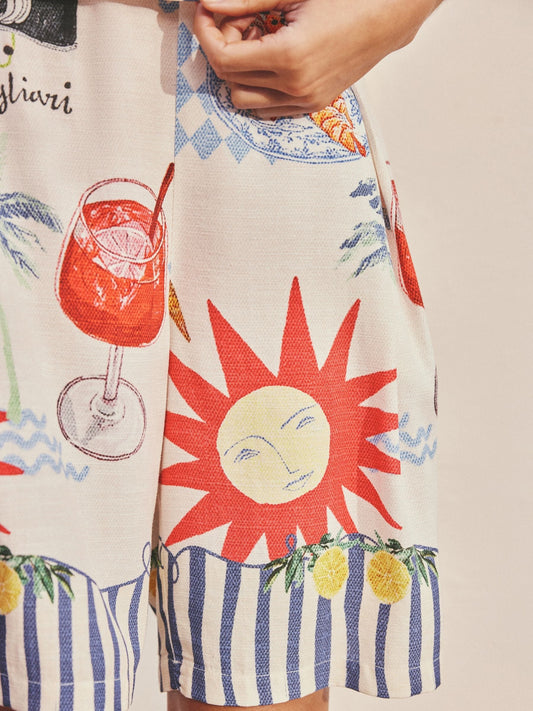 Cream/Red Map Print Pleat Front Bermuda Shorts