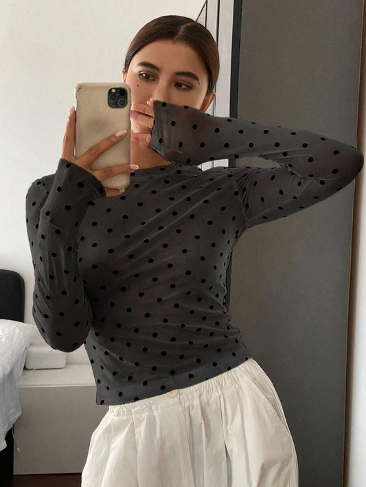 Polka Dot Fitted Crew Neck Long Sleeve Fashionable Blouse Sheer