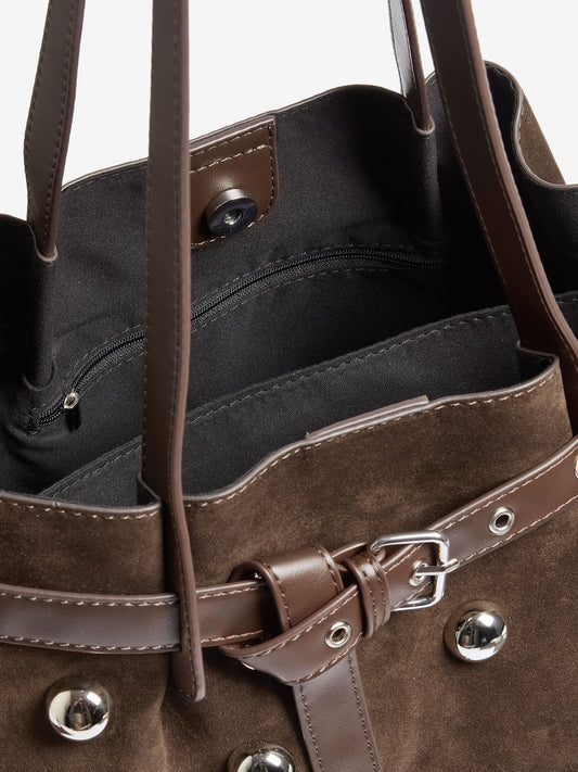 Friends Like These Chocolate Brown Faux Suede Studded Tote Bag