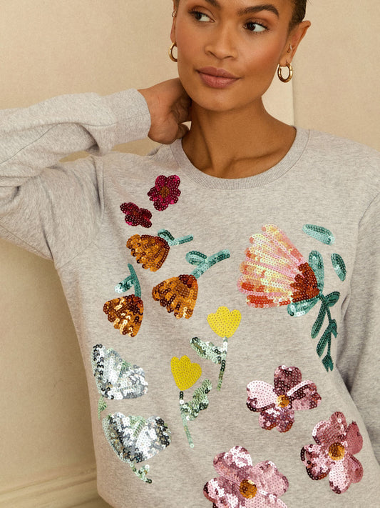 Love & Roses Grey Floral Sequin Embroidered Sweat Top