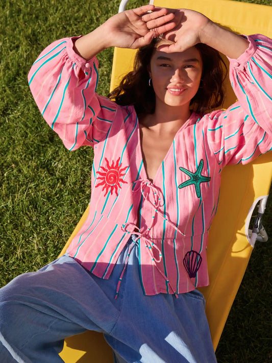Pink Stripe Tie-Front Linen Blend Embroidered Blouse