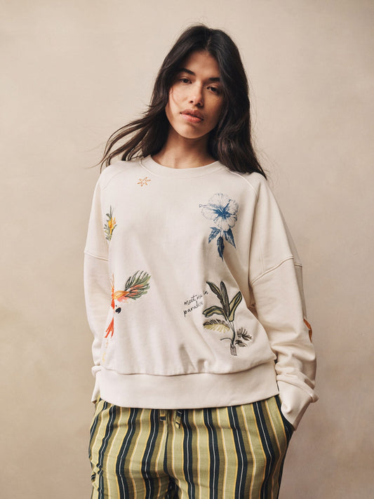 Cream Tropical Embroidered Sweatshirt