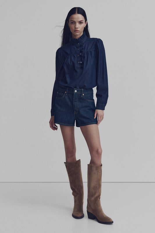 Frill-collared denim blouse