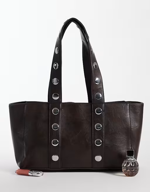 Kaiia exclusive silver hardware studded faux leather tote bag in brown
