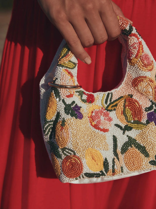 Print Beaded Fruit Top Handle Bag