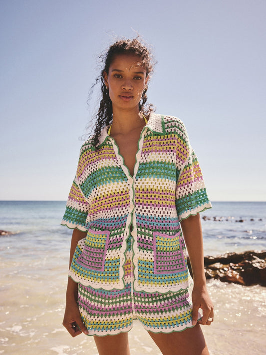 Multi Bright Stripe Crochet Short Sleeve Collared Shirt