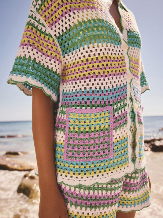 Multi Bright Stripe Crochet Short Sleeve Collared Shirt