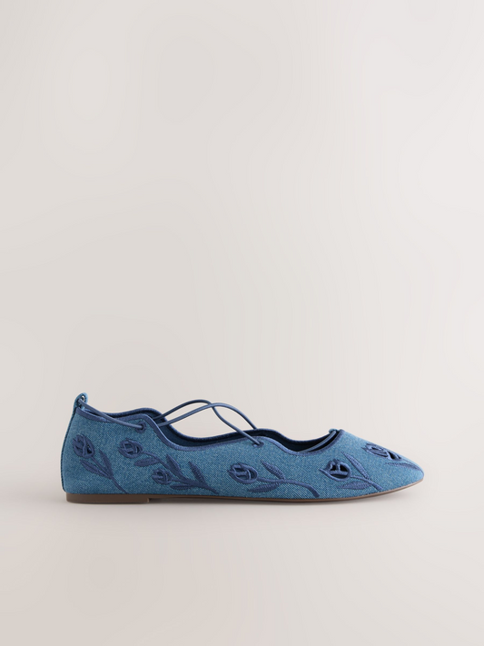 Blue Forever Comfort® Broderie Elastic Ghillie Flat Shoes