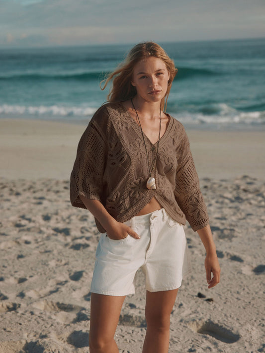Chocolate Brown Short Sleeve Crochet