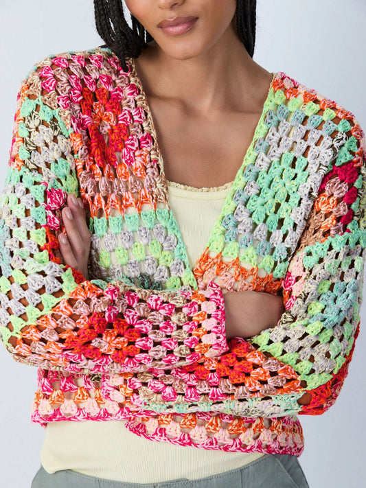 Multi Pink/Green Hand Knit Long Sleeve Crochet Cardigan