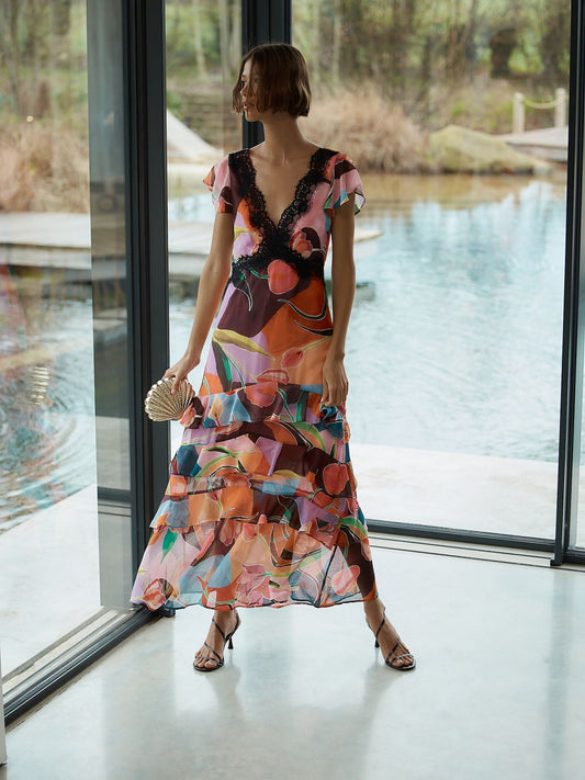 Pink Floral Lace Trim V-Neck Tiered Maxi Occasion Dress