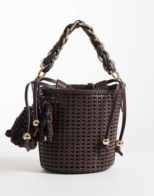 River Island metal handle woven bucket bag in brown