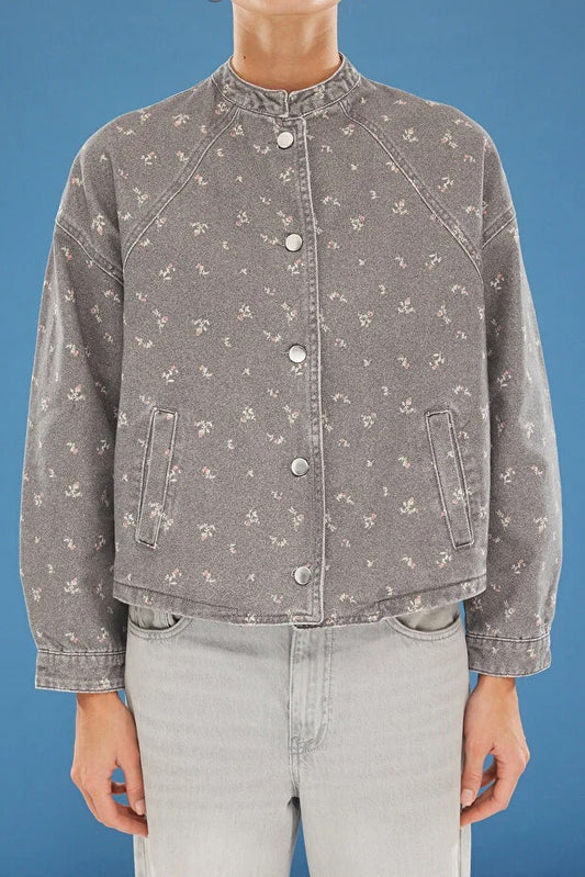 Grey Floral Print Oversize Denim Bomber Jacket