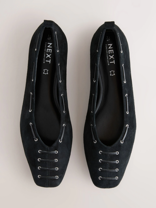 Black Forever Comfort® Suede Eyelet Square Toe Ballet Flats