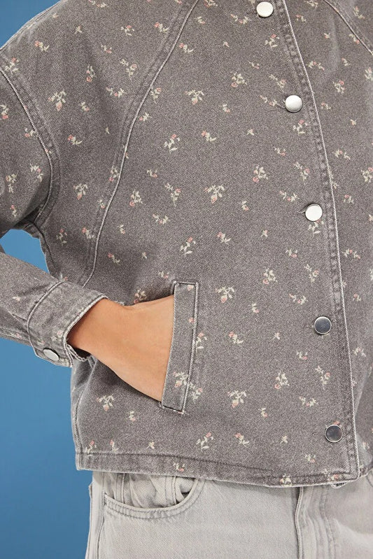 Grey Floral Print Oversize Denim Bomber Jacket