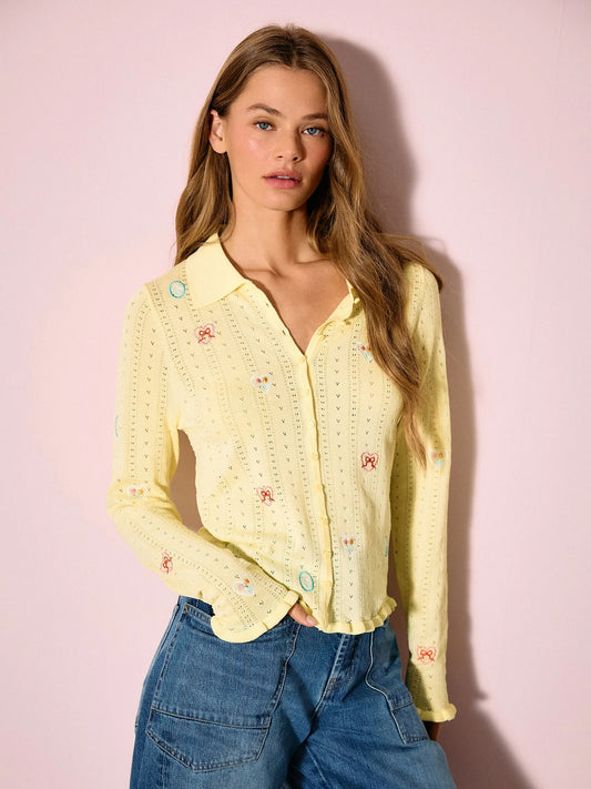 Yellow Embroidered Pointelle Long Sleeve Knitted Shirt