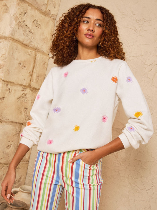 Love & Roses Ivory Rainbow Sun Embroidered Sweat Top