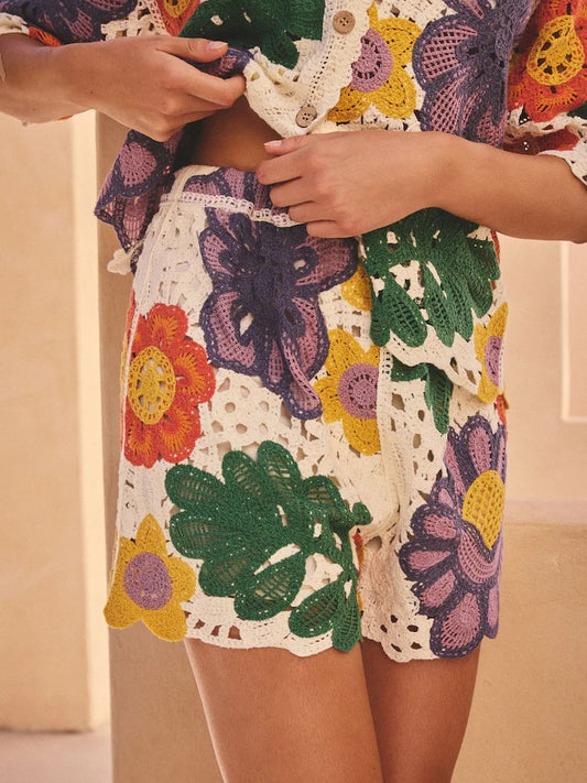 Multi Bright Floral Crochet Co-ord Cotton Rich Shorts
