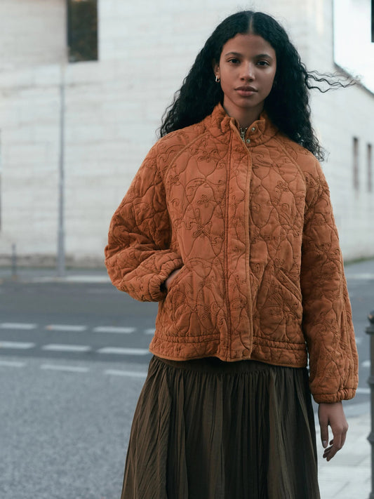 Rust Brown Embroidered Funnel Neck Quilted Jacket