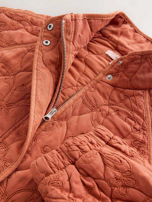 Rust Brown Embroidered Funnel Neck Quilted Jacket