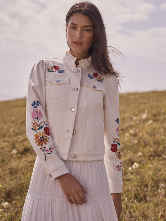 Love & Roses x RHS ecru embroidered floral Denim Jacket