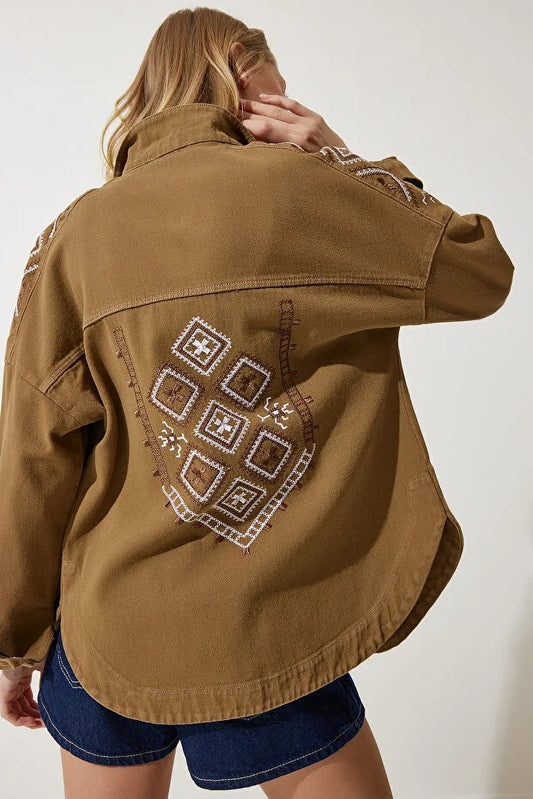Women's Khaki Embroidered Shirt Jacket