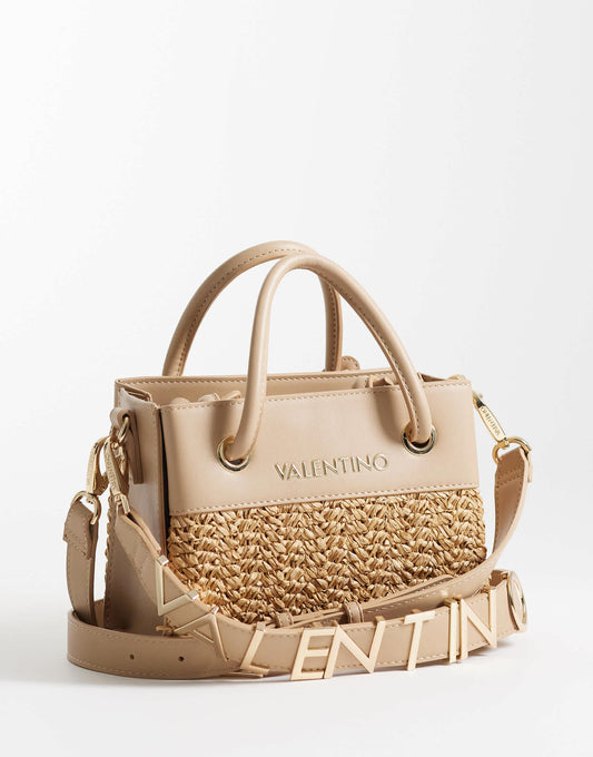 Valentino Alexia summer raffia top handle bag with crossbody strap in neutral - NUDE