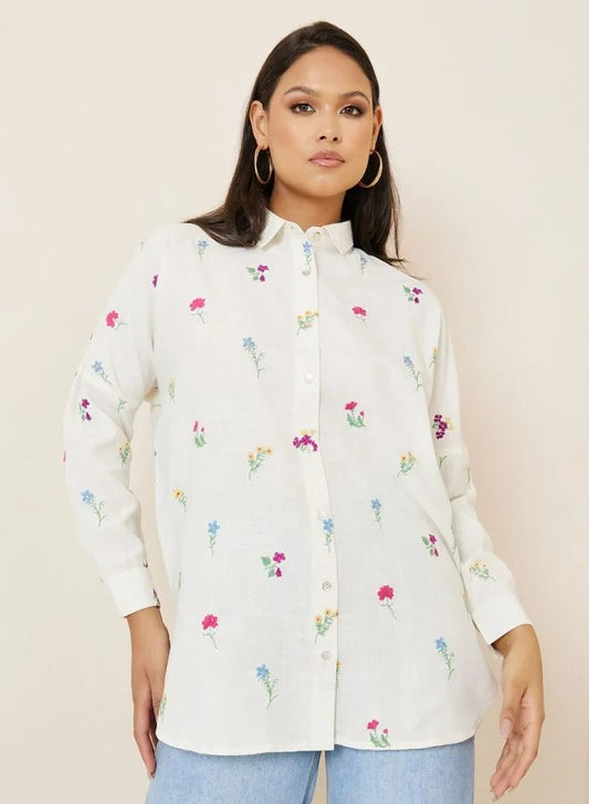 All Over Embroidered Linen Look Longline Shirt