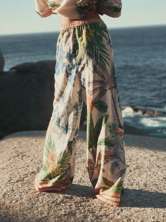 Cream/Navy Embellished Wide Leg Trousers