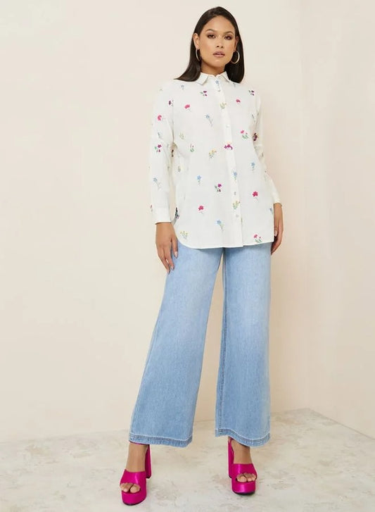 All Over Embroidered Linen Look Longline Shirt