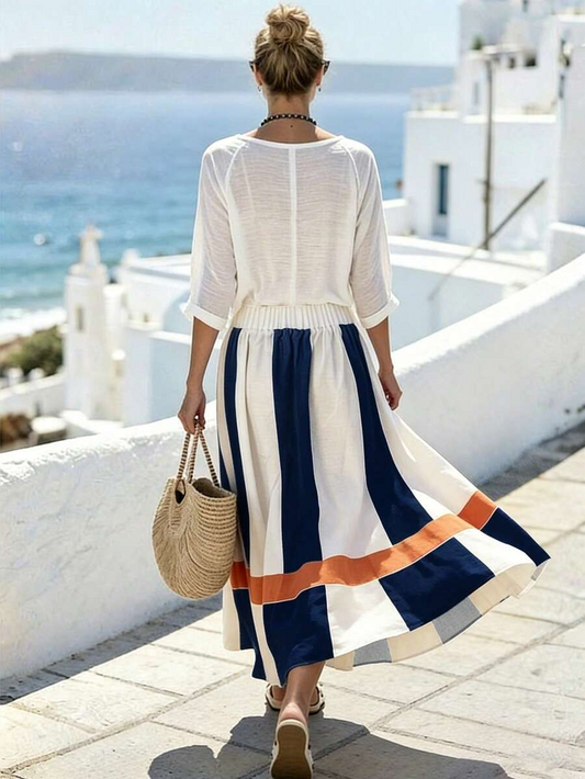 Breezaya Women's Colorblock Elastic Waist Casual Skirt For Vacatio