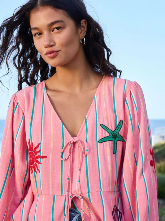 Pink Stripe Tie-Front Linen Blend Embroidered Blouse