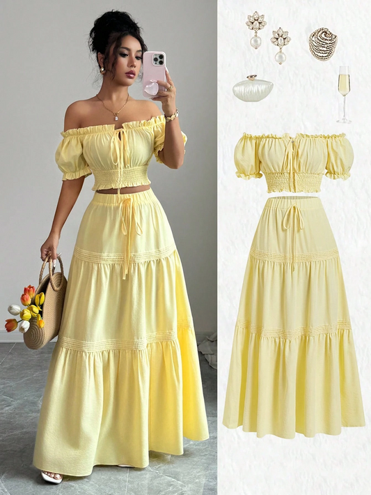 Elenzga New Off-Shoulder Puff Sleeve Front Tied Bow Waist Flared Hem Skirt Set