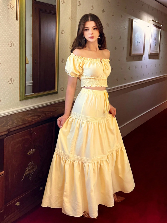 Elenzga New Off-Shoulder Puff Sleeve Front Tied Bow Waist Flared Hem Skirt Set
