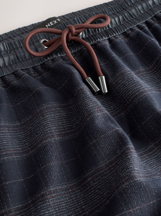 Navy Blue Check Satin Waistband Wide Leg Trousers