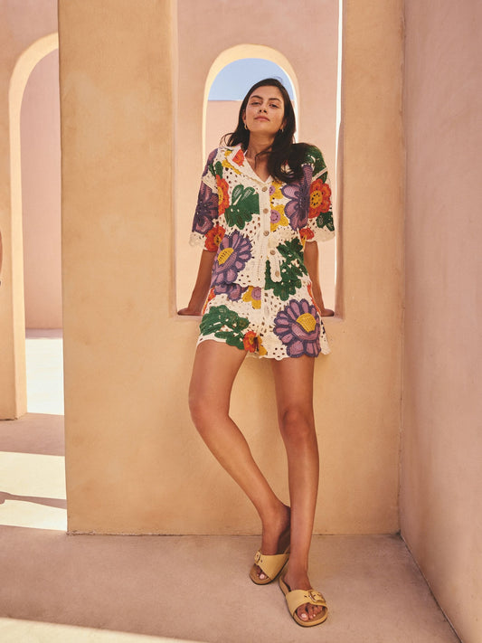 Multi Bright Floral Crochet Co-ord Cotton Rich Shorts