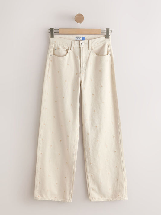 Ecru Embroidered Heart Wide Leg Jeans