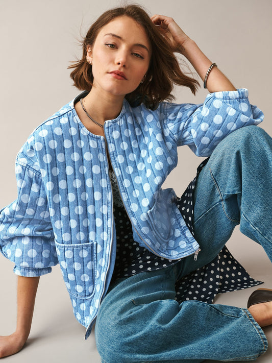 Mid Blue Polka Dot Quilted Denim Jacket