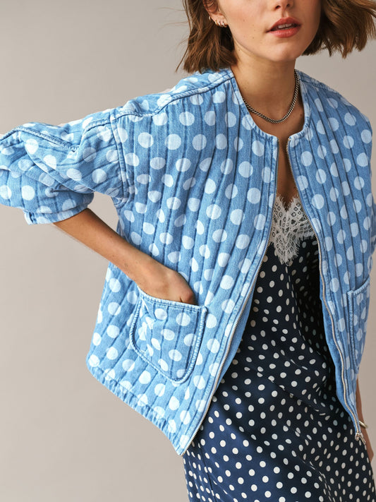 Mid Blue Polka Dot Quilted Denim Jacket