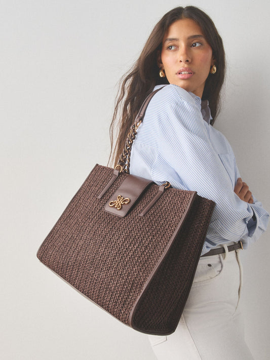 Chocolate Brown Raffia Effect Shoulder Bag