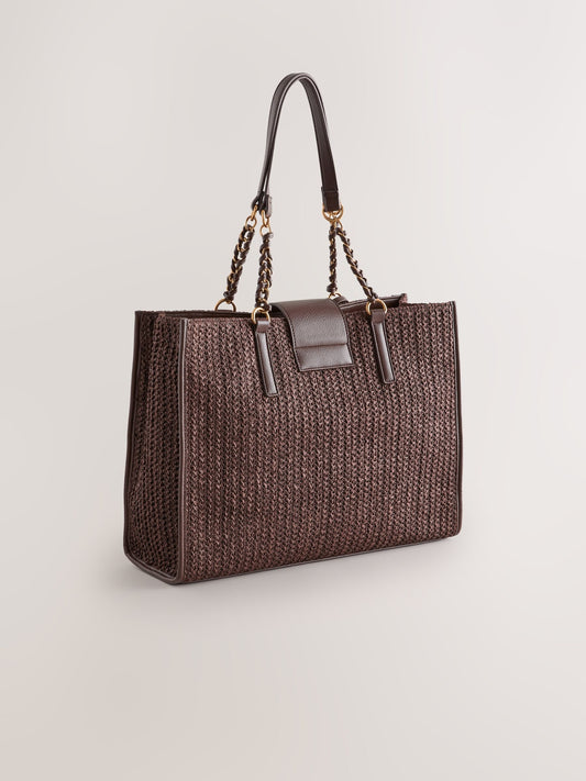 Chocolate Brown Raffia Effect Shoulder Bag